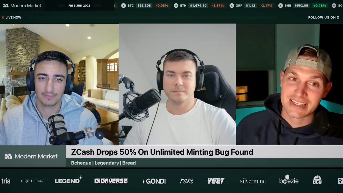 The image depicts three men wearing headphones, likely engaged in a video call through some software. The screensaver shows an overlay of several logos including "ZEC" (90%), "ZEC trade r/r" (also 90%), and "USDC de peg" (0%). Additionally, the post mentions something about a "legendary trading legacy fund" that the men are participating in, with one man's account saying it found out he was using a bug. The three individuals are smiling at the camera, seemingly enjoying their time together during this online video call.
