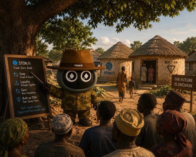 An anthropomorphic mascot wearing a safari hat labeled "YOUKIE" stands before a rural village gathering, pointing to a chalkboard titled "STON.fi" that lists principles like "Swap Simple & Secure," "Liquidity Stronger Together," "Earn More Possibilities," and "Built on TON Fast. Secure. Yours," with banners nearby reading "BUILT ON TON" and "THE FUTURE IS ONCHAIN." The image visualizes the post's theme by contrasting the promise of "simple, secure" decentralized finance with the grassroots reality of trust-building—symbolizing how DeFi platforms like STON.fi must bridge abstract onchain promises with the tangible human trust that often makes or breaks adoption before a single swap occurs.