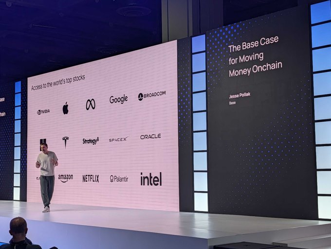 Jesse Pollak from Base presents 'The Base Case for Moving Money Onchain' at a conference, with a slide showing logos of top stocks including NVIDIA, Apple, Meta, Google, Broadcom, Tesla, Amazon, Netflix, and Intel.