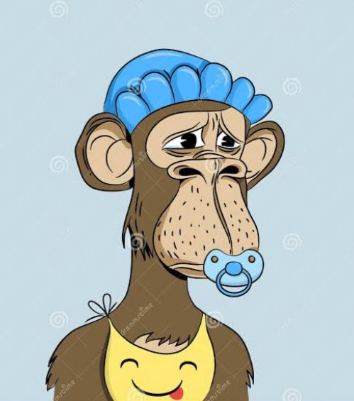 A cartoon illustration of a sad-looking brown monkey wearing a blue shower cap and a yellow bib with a smiley face, sporting a blue pacifier.