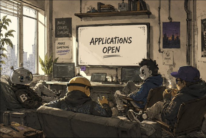 An illustrated scene depicts several characters, including one in a diving helmet, gathered in a room around monitors, with a large central screen displaying 'APPLICATIONS OPEN' and smaller signs reading 'BUILD CREATE EXPLORE' and 'MAKE SOMETHING LEGENDARY'.