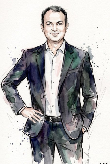 A watercolor-style illustration of a smiling man in a dark blazer and white shirt, standing with one hand on his hip.