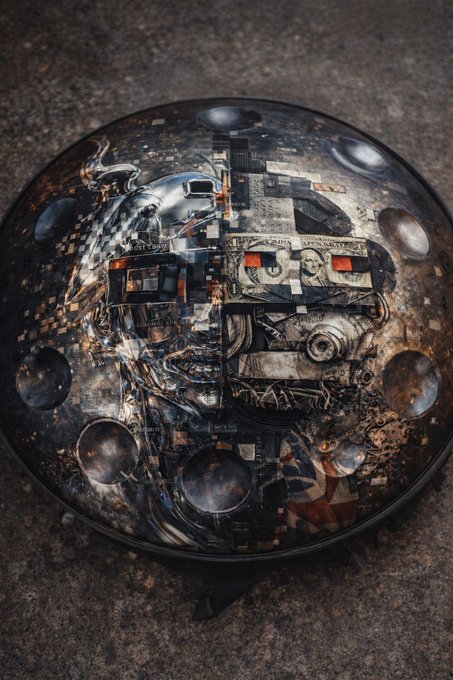 A circular, metallic decorative plate or shield with intricate steampunk-inspired mechanical and pixelated artwork, featuring gears, wires, and faces on a dark, weathered background.
