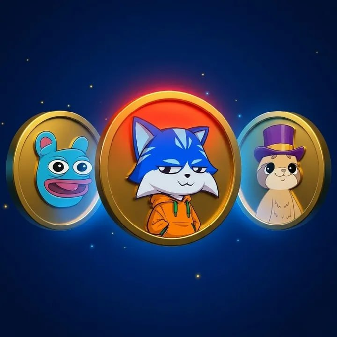 Three cartoon-style gold coins showcase the iconic mascots of the Base ecosystem's leading meme tokens: a blue bear (BRETT), a blue cat in an orange hoodie (DEGEN), and an otter in a top hat (TOSHI) — together forming the "holy trinity" highlighted in the post. The dark blue starry background emphasizes their status as community favorites powering Base's culture.