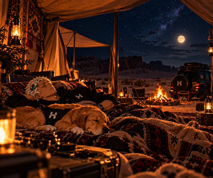 An AI-generated image depicting a person and a golden retriever dog sleeping on patterned rugs inside a desert campsite at night, illuminated by lanterns and a campfire under a starry sky with a full moon.