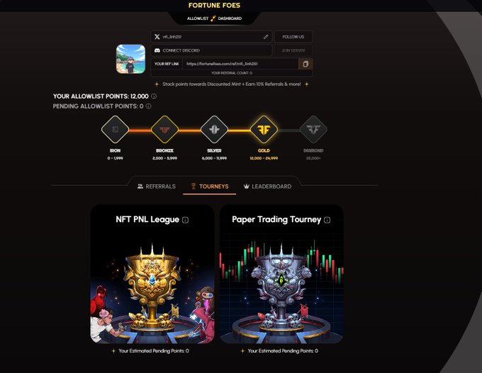 A screenshot of a "FORTUNE FOES" website dashboard showing an "ALLOWLIST" tier system (Iron, Bronze, Silver, Gold, Diamond) and two tournament options: "NFT PNL League" and "Paper Trading Tourney".
