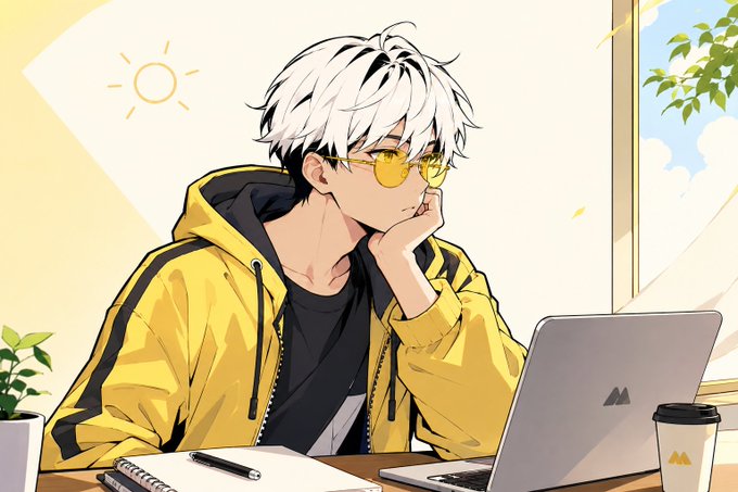 The image features an anime character wearing a yellow jacket sitting at a desk with a laptop computer open in front of them. The character appears to be deep in thought or working on something important. There are also two cups placed nearby, suggesting that they might be enjoying a beverage while focusing on their task.