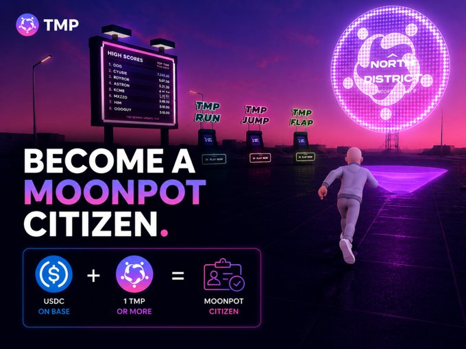 A promotional graphic for TMP (Moonpot) featuring the tagline 'BECOME A MOONPOT CITIZEN,' with an equation showing USDC on Base plus 1 TMP or more equals a Moonpot Citizen, set against a neon-lit cyberpunk cityscape with a high score leaderboard.