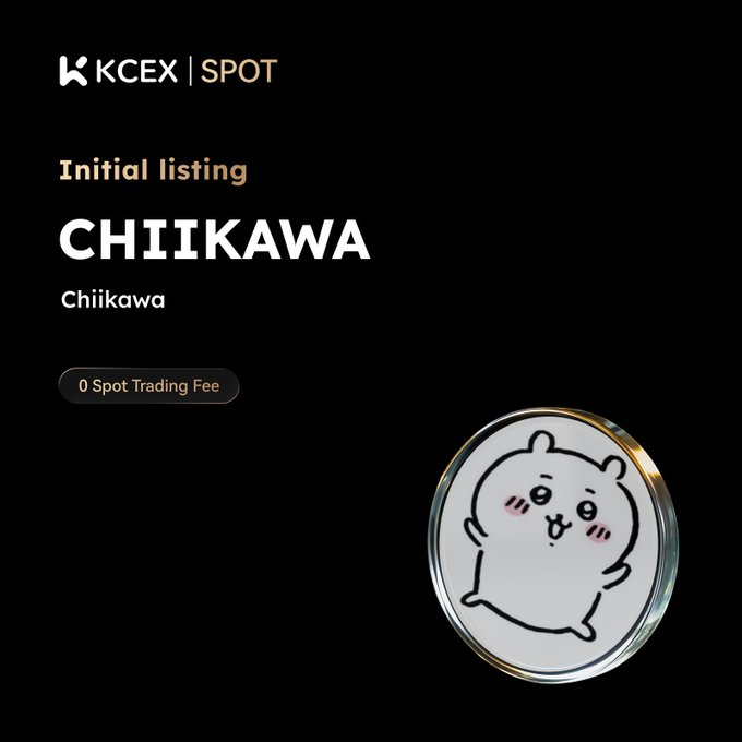A KCEX | SPOT promotional graphic for the initial listing of the CHIIKAWA token with '0 Spot Trading Fee,' featuring a round coin engraved with the Chiikawa hamster character.
