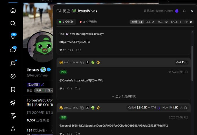 The image shows a Twitter/X profile for "JesusVivas" (@JesusVivas) with 6,557 followers and a verified badge, displaying posts about crypto CA (contract addresses) including a tweet referencing "0xf1...6c39" and another dated October 7, 2025 that mentions the wallet address "0xf10d6fced0be6bd1b986a939ebc5552f7fdc5f42" alongside "@KaiGuardianDog," directly matching the provided context about the KAI token and its dog owner replying to the contract address.