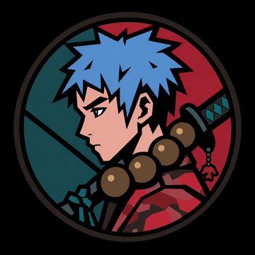 A circular illustration depicts an anime-style character with spiky blue hair and large prayer beads, rendered in a stained-glass aesthetic with red and teal colors.