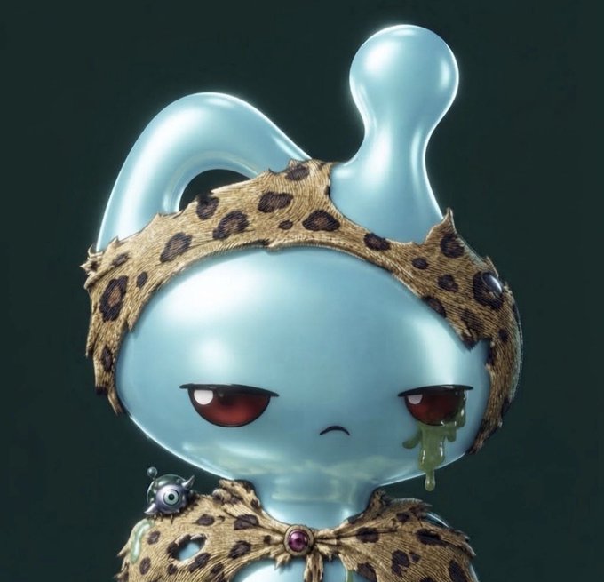A 3D-rendered character resembling a blue pearl-like creature with red eyes, wearing leopard-print fur clothing and accessories, with green drool coming from its mouth.