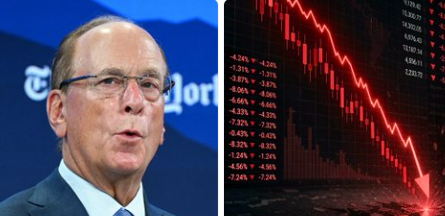 The image shows Larry Fink, CEO of BlackRock, beside a stock/crypto chart displaying steep red declines with percentage drops ranging from -3.24% to -7.28%, visually reinforcing the news of BlackRock ETF clients offloading $19.23 million in Bitcoin.