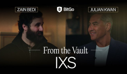 A title card for an interview series called 'From the Vault IXS' features Zain Bedi and Julian Kwan, sponsored by BitGo.