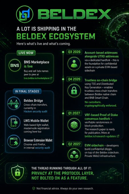 An infographic for 'BELDEX' detailing the ecosystem's roadmap, highlighting that the 'BNS Marketplace is live' alongside upcoming developments like 'Beldex Bridge', 'LWS Mobile Wallet', and future Q3 2026 to Q2 2027 initiatives centered on privacy.