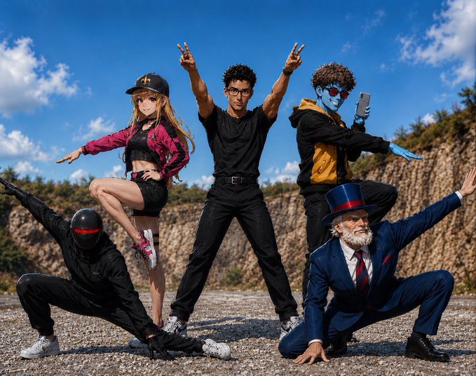 The image features a group of five people posing for a photo, with two of them wearing suits and ties while others are dressed more casually. The person in the center stands out as they are wearing a top hat and sunglasses, giving off an air of sophistication or perhaps even a bit of mischief. The other individuals appear to be enjoying themselves, creating a fun and lighthearted atmosphere. The post seems to be promoting a specific event or gathering related to GM $AVAX community members, with the caption "Focus on what is in the image and how it relates to the post".