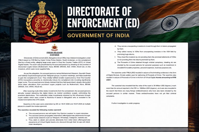 The image displays a press release from India's Directorate of Enforcement (ED) under the Government of India, detailing a PMLA investigation that led to a search operation by the Zonal Office in Bangalore against Mohammed Waseem, Saurabh Dixit, and Vaibhav Gupta, who allegedly ran crypto/OTC investment schemes involving digital assets like Bitcoin, Ether, Tether (USDT), and counterfeit currency, resulting in the seizure of proceeds totaling $35 million USDT.