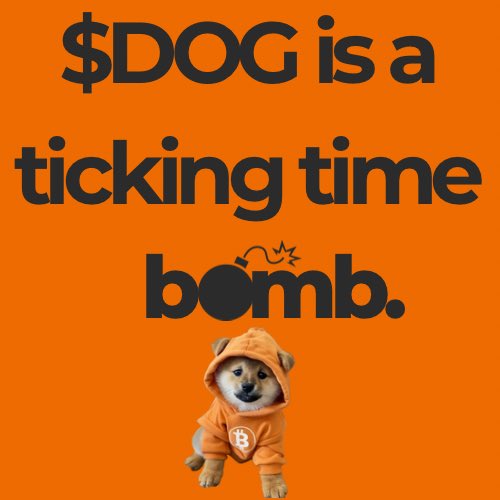 A promotional graphic with an orange background featuring the bold black text '$DOG is a ticking time bomb.' above a Shiba Inu dog wearing an orange hoodie.