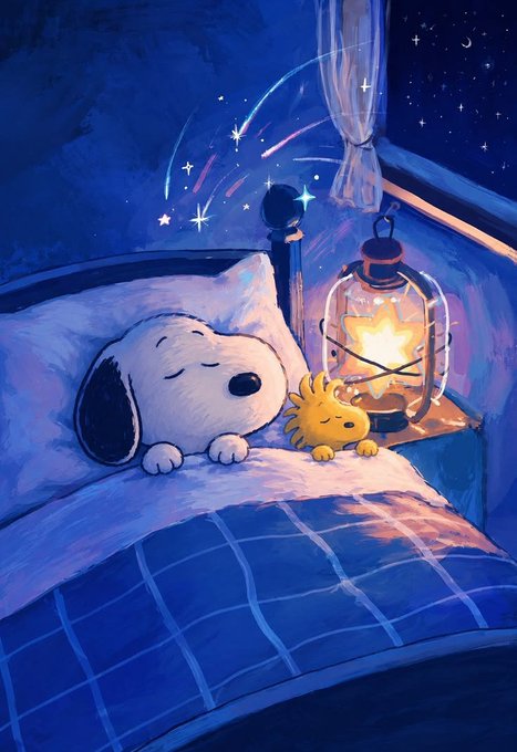 A whimsical illustration of Snoopy sleeping peacefully in bed under a starry night sky, cuddled up next to Woodstock and a lit lantern.