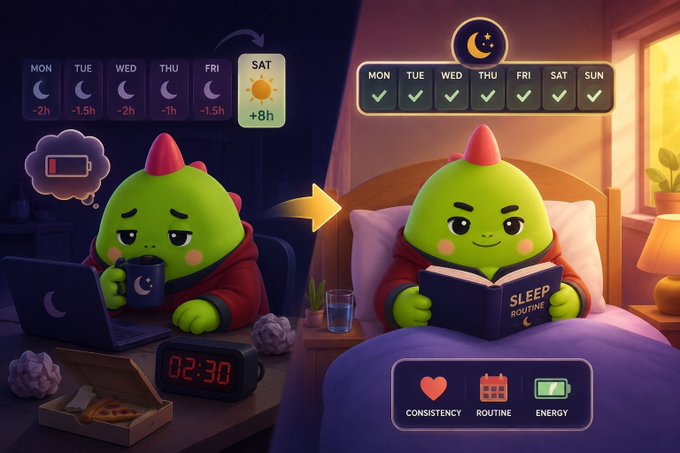 A split-panel illustration shows a green dinosaur-like character transitioning from sleep-deprived (left, with a laptop, low battery icon, and a weekly chart showing sleep deficits of -2h, -1.5h, -2h, -1h, -1.5h, and +8h on Saturday) to well-rested (right, peacefully reading a book titled "SLEEP ROUTINE" in bed with checkmarks for all days and icons for consistency, routine, and energy). The image ties to the post's reference to the Sleepagotchi project, visually reinforcing the benefits of building healthy sleep habits.