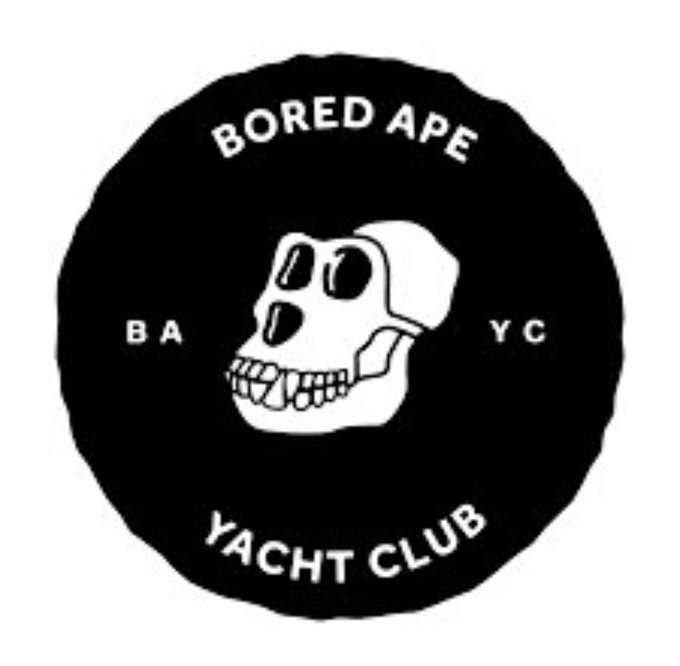 A black and white circular logo for Bored Ape Yacht Club (BAYC) featuring a stylized skull illustration with the letters "BA" and "YC" flanking it.