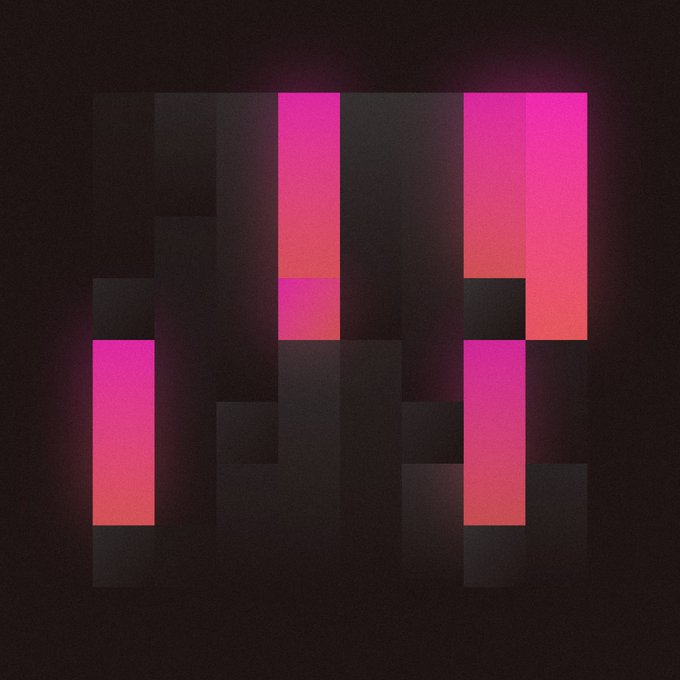 A dark, abstract digital artwork featuring a grid of pixelated blocks in dark gray and black tones, illuminated by vertical bars of vibrant pink and magenta gradient light against a black background.