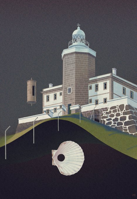 The image features a lighthouse situated at the edge of an island or peninsula. The lighthouse has a tall tower and a round top, standing out against the dark sky. In front of the lighthouse, there's a shell-like object that appears to be a part of the landscape. The background is black, which contrasts with the white lighthouse and makes it stand out even more.