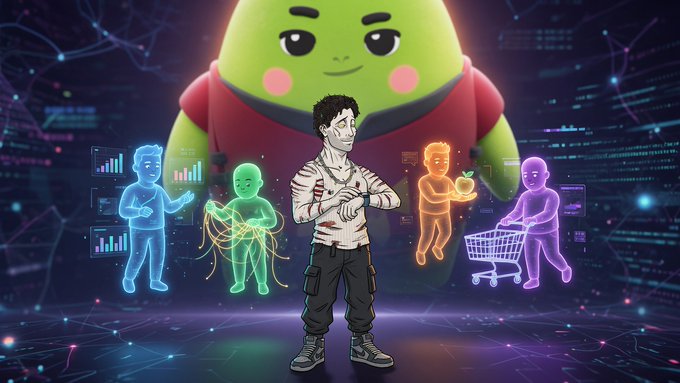 A colorful illustration featuring a scarred man with tattoos standing in front of a large green blob-like character, surrounded by glowing blue, green, orange, and purple avatars in a digital tech environment.