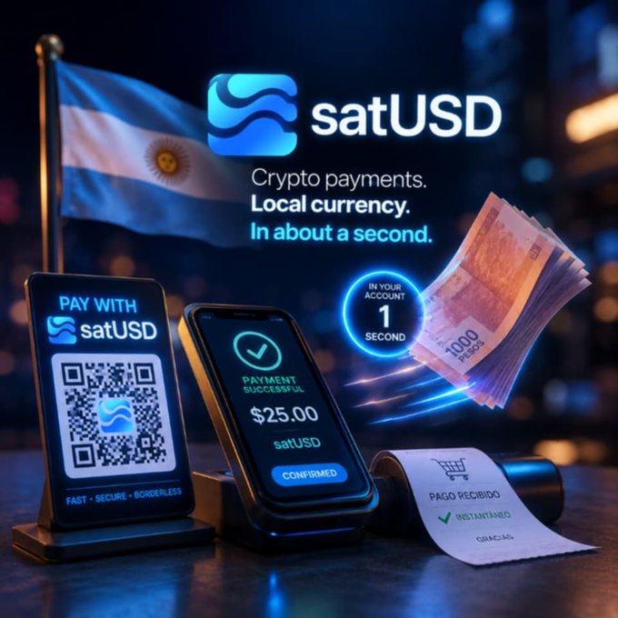 The image features a black phone with a QR code attached to it, sitting on top of a table. The phone displays an advertisement for SatUSD, which encourages users to pay with SatUSD or use their app to make payments. There are two stacks of money in the background, one being a stack of US dollar bills and another stack of Mexican pesos. A receipt is also present on the table next to the phone.