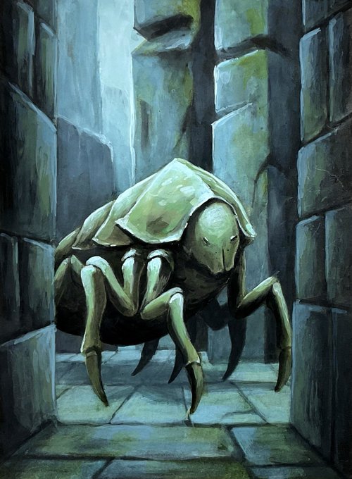A painted fantasy illustration of a large, pale green insectoid creature with a shell-like back, multiple spindly legs, and small dark eyes, emerging from a stone corridor.