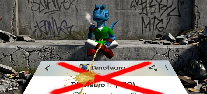 A 3D-rendered scene of a blue dinosaur character wearing sunglasses and a green vest, sitting cross-legged and urinating on a torn mobile app interface for 'Dinofauro,' with a large red X drawn over it.