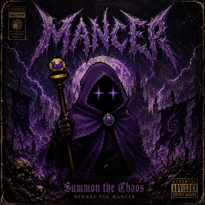 A dark, gothic-style album cover for the band 'Mancer' titled 'Summon the Chaos: Beware the Mancer,' depicting a hooded figure with a glowing purple cross eyes holding a staff, with a Parental Advisory Explicit Mancer label.