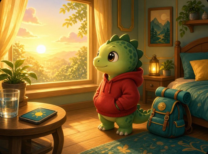 An animated illustration of a small green dinosaur character wearing a red hoodie, standing in a cozy bedroom with a wooden bed, a backpack, a lantern, and a large window showing a sunset landscape. A wooden table in the foreground holds a glass of water and a book with a sun emblem.