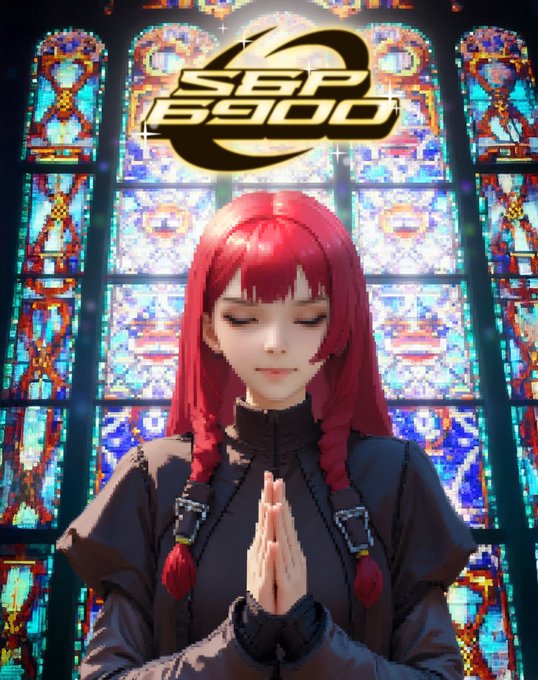 A red-haired anime-style character with braided pigtails stands in a prayer pose with hands clasped, eyes closed in serene devotion against a backdrop of vibrant stained glass windows, beneath the "SPX 6900" logo. The image satirically portrays the SPX6900 meme coin as a religious savior, with the figure's pious posture and cathedral setting visually reinforcing the post's claim that the token "fixes" and "flips" the traditional stock market.