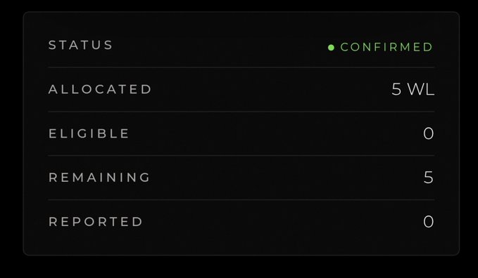 A dark interface showing a status panel that reads 'STATUS: CONFIRMED', with 'ALLOCATED: 5 WL', 'ELIGIBLE: 0', 'REMAINING: 5', and 'REPORTED: 0'.