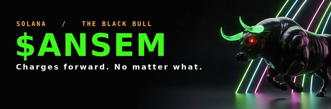 A bold black banner promoting the Solana-based "$ANSEM" token, featuring a menacing black bull with glowing green horns and red eyes charging forward against neon pink and green light streaks, accompanied by the tagline "Charges forward. No matter what." The image visually reinforces the airdrop announcement by embodying the "Black Bull" branding and the token's aggressive market momentum.