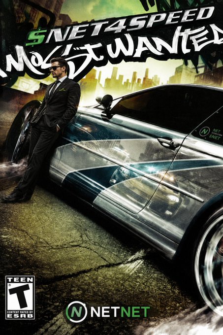 The image is a video game cover for "Need for Speed: Most Wanted," but cleverly rebranded as "NET4SPEED: MOST WANTED," featuring a man in a suit leaning against a sleek silver sports car with the NETNET logo on the door. The cover includes a "Teen" ESRB rating and the NetNet logo at the bottom, tying the fictional game to the $NET ticker referenced in the post.