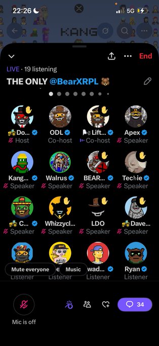 A Twitter Spaces LIVE audio room titled 'THE ONLY @BearXRPL' hosted by 'Do...' with co-hosts and multiple speakers including ODL, Lif..., Apex, Kang..., Walrus, BEAR..., Techie, C..., Whizzycl..., LDO, and Dave..., showing 34 listeners.