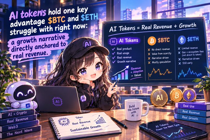 An anime-style infographic comparing AI Tokens vs $BTC and $ETH, featuring a chibi character with a laptop, emphasizing that 'AI Tokens = Real Revenue + Growth' with various checkmarks and X marks.