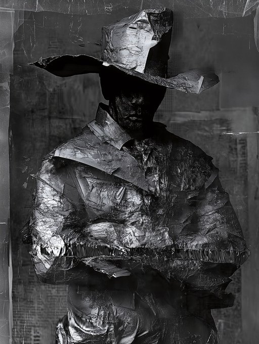 A dark, textured black-and-white image of a figure wearing a wide-brimmed hat and armor-like clothing, with a face obscured in shadow, set against a newspaper-text background.