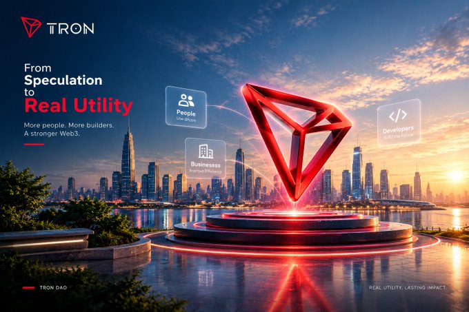 An advertisement for the TRON DAO blockchain platform features the slogan "From Speculation to Real Utility" alongside icons representing People, Businesses, and Developers.