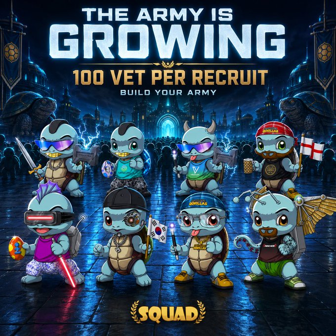 Promotional graphic titled 'THE ARMY IS GROWING' advertising '100 VET PER RECRUIT' for SQUAD, featuring eight cartoon turtle characters with various accessories like sunglasses, swords, and flags.