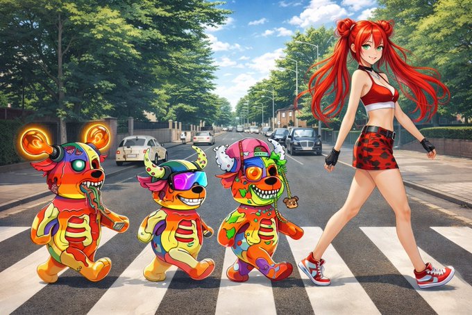 The image features a cartoon girl walking down a street while three teddy bears are following her, each wearing sunglasses and carrying a backpack. The teddy bears appear to be dressed up for a party or event. The caption of the image reads "Mutant Mondayyyyy baby Come chill with us Who’s In??". This suggests that there might be an upcoming party or gathering involving these characters, and they are inviting people to come along and join in on the fun.