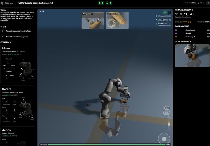 A robotics simulation interface showing a task to 'Put the Cupcake beside the Sausage Rod' with a robotic arm, controls, and ranking display.