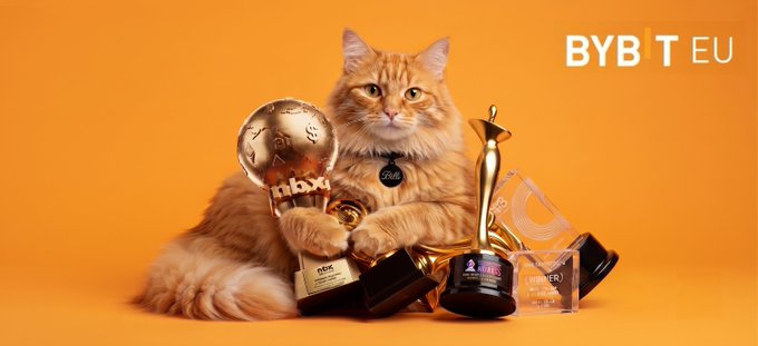 An orange tabby cat posed with several cryptocurrency and business awards/trophies against an orange background, with the 'BYBT EU' logo in the top right corner.