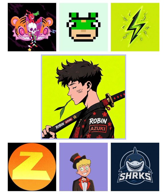 A collage of NFT collection artwork, prominently featuring a "Robin Azuki" style character with a katana against a neon yellow background, alongside six smaller NFT previews including a pixelated green-hooded figure, a lightning bolt design, a stylized "Z" logo, a man in a top hat, and a "SHRKS" shark logo, corresponding to the listed NFT mints for August 12.