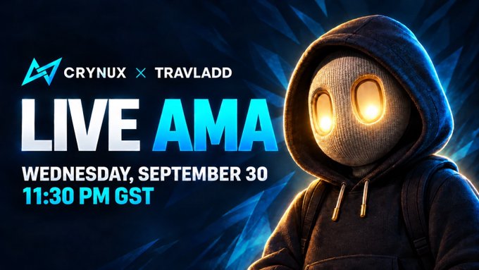 A promotional graphic for a 'Live AMA' between Crynux and TravLadd on Wednesday, September 30 at 11:30 PM GST, featuring a hooded figure with glowing yellow eyes.