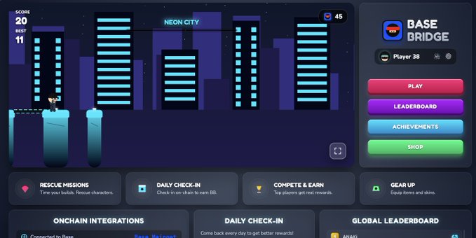 A video game interface titled 'NEON CITY' for 'BASE BRIDGE' features gameplay on the left and colorful menu buttons for Play, Leaderboard, Achievements, and Shop on the right.