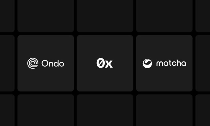 The image displays the logos of Ondo, 0x, and Matcha on a dark tiled background, visually representing the integration partnership where Ondo stocks are now supported by the 0x and Matcha DeFi platforms for broader accessibility and liquidity.