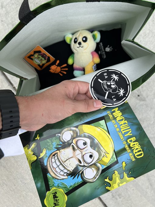 Hand holding a circular 'DATA' themed pin featuring a skull with sunglasses above a 'Mindfully Baked' merchandise box containing a colorful panda plush and an orange spider patch.